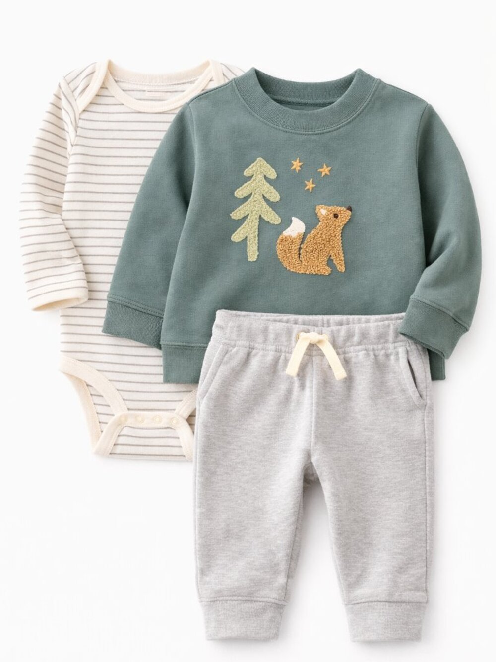 NWT Carter’s Baby Boy 3-Piece Outfit Set Fox Sweatshirt Gray Pants Striped